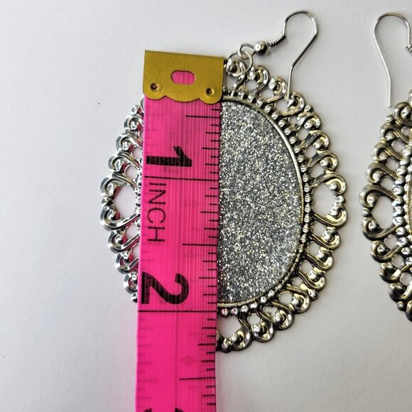 Silve and Black Oval Earrings Gold Filigree Oval Earrings Large Glitter Earrings - Picture 4 of 5